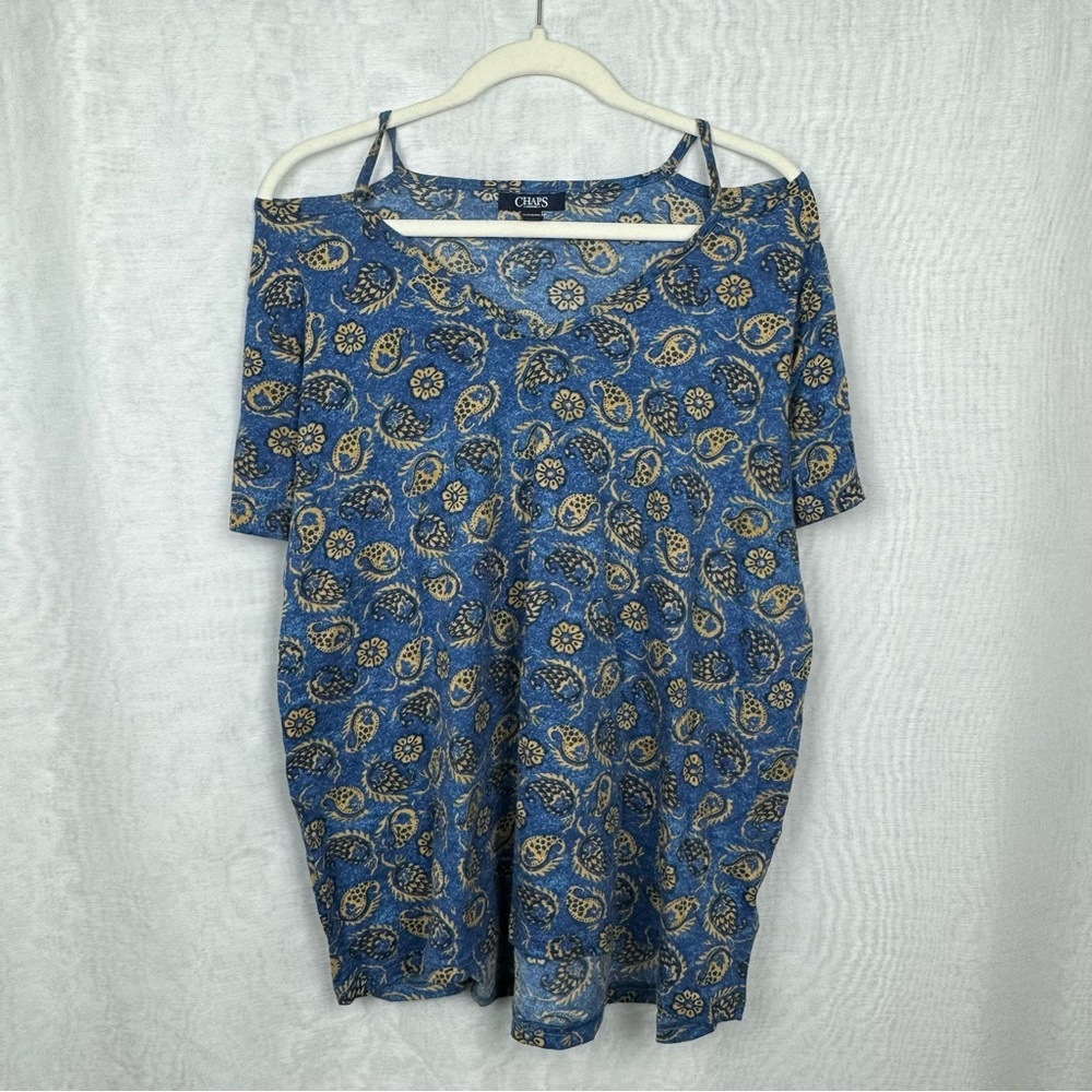 Chaps Denim 2X Blue Gold Paisley Cold Shoulder Short Sleeve Top